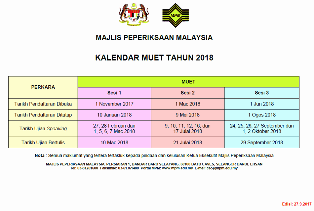 Kalendar Peperiksaan MUET 2018