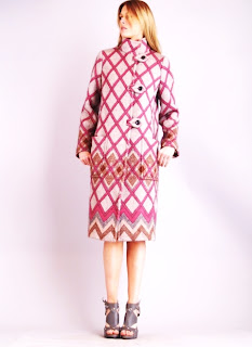 Vintage 1990's pink mohair Missoni peacoat with large criss-cross print and front patch pockets.