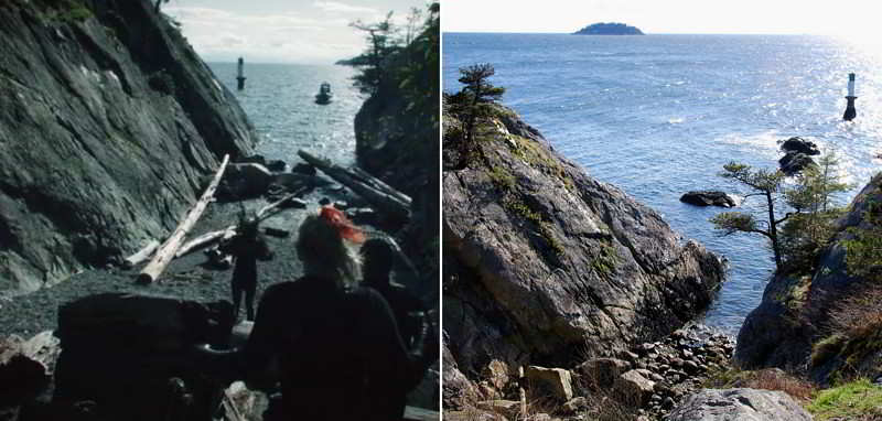 Actors going out the cliff on the ocean shore