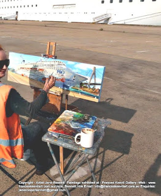 Painting the Pacific Jewel en plein air at Glebe Island Wharf painted by industrial heritage artist Jane Bennett