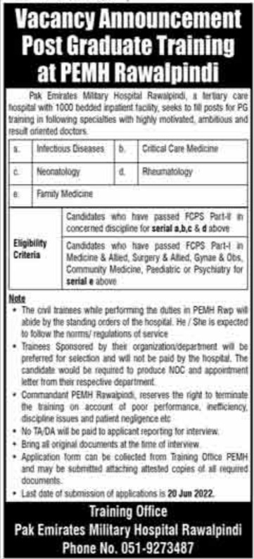 Latest Pak Emirates Military Hospital Medical Posts Rawalpindi 2022