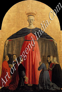 This is the central panel of Piero's earliest known work, an altarpiece commissioned by the Compagnia Della Misericordia Borgo sun Sepolcro. The Misericordia still exists and is an organization of laymen dedicated to performing works of mercy, particularly those involving the care of the sick and burial of the dead. The Virgin is shown as the Madonna of Mercy, patroness of the Misericordia, vast in scale and symbolizing the protection of the heavens. One of the kneeling figures has a black hood over his head part of the habit of the Misericordia that is still worn when the members carry the dead. 