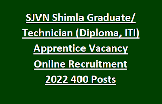 SJVN Shimla Graduate Technician (Diploma, ITI) Apprentice Vacancy Online Recruitment Notification 2022 400 Posts