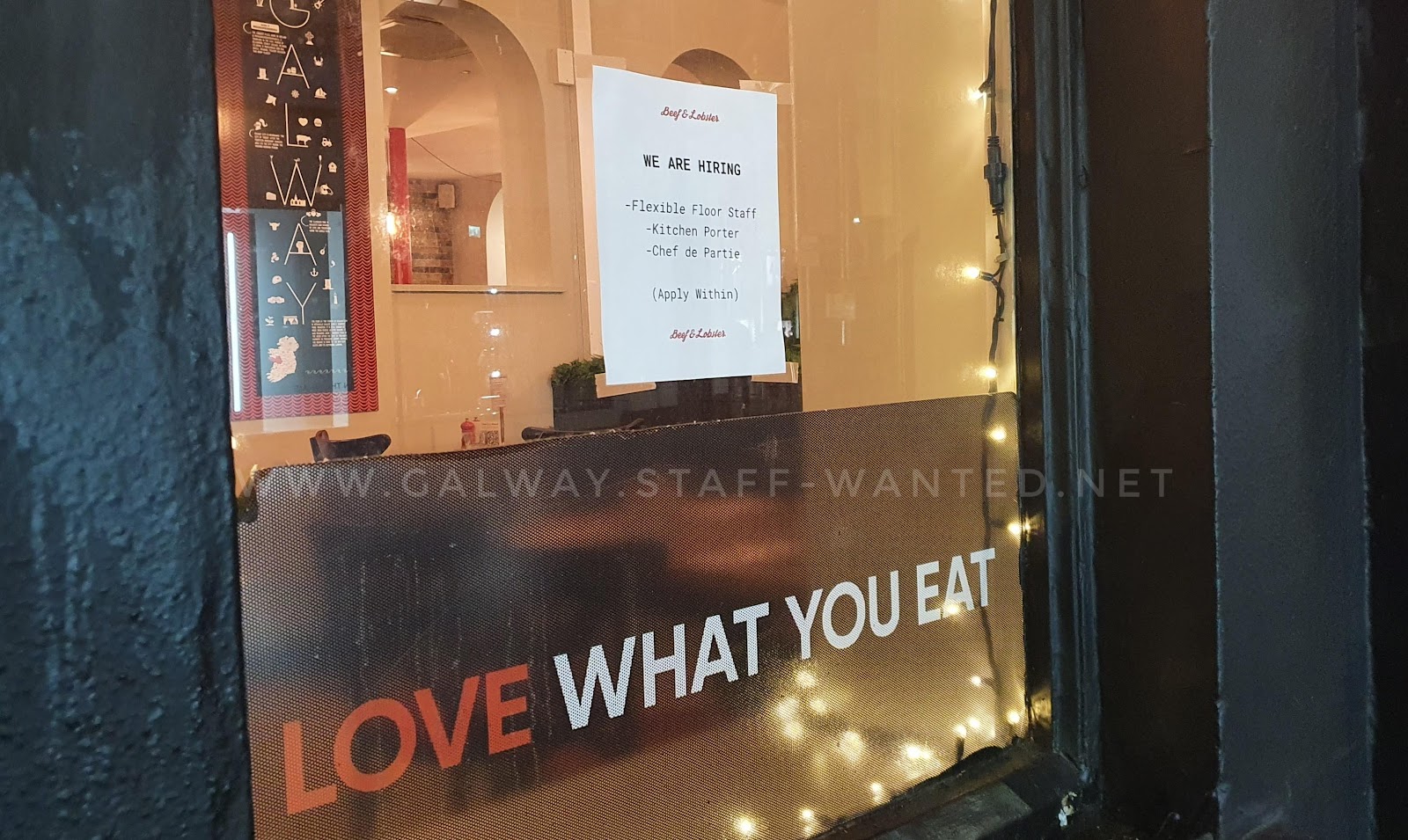 Beef and Lobster restaurant window in Galway city - Love what you eat