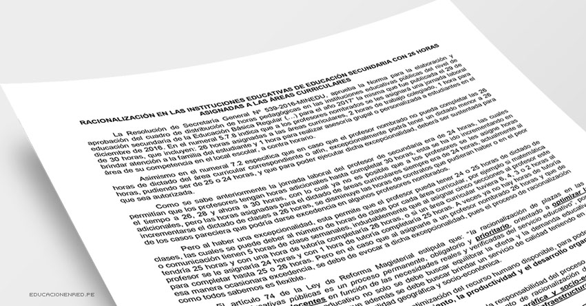 ANÁLISIS: Racionalización en las Instituciones Educativas de Educación Secundaria con 26 horas asignadas a las Áreas Curriculares (Fernando Gamarra Morales)