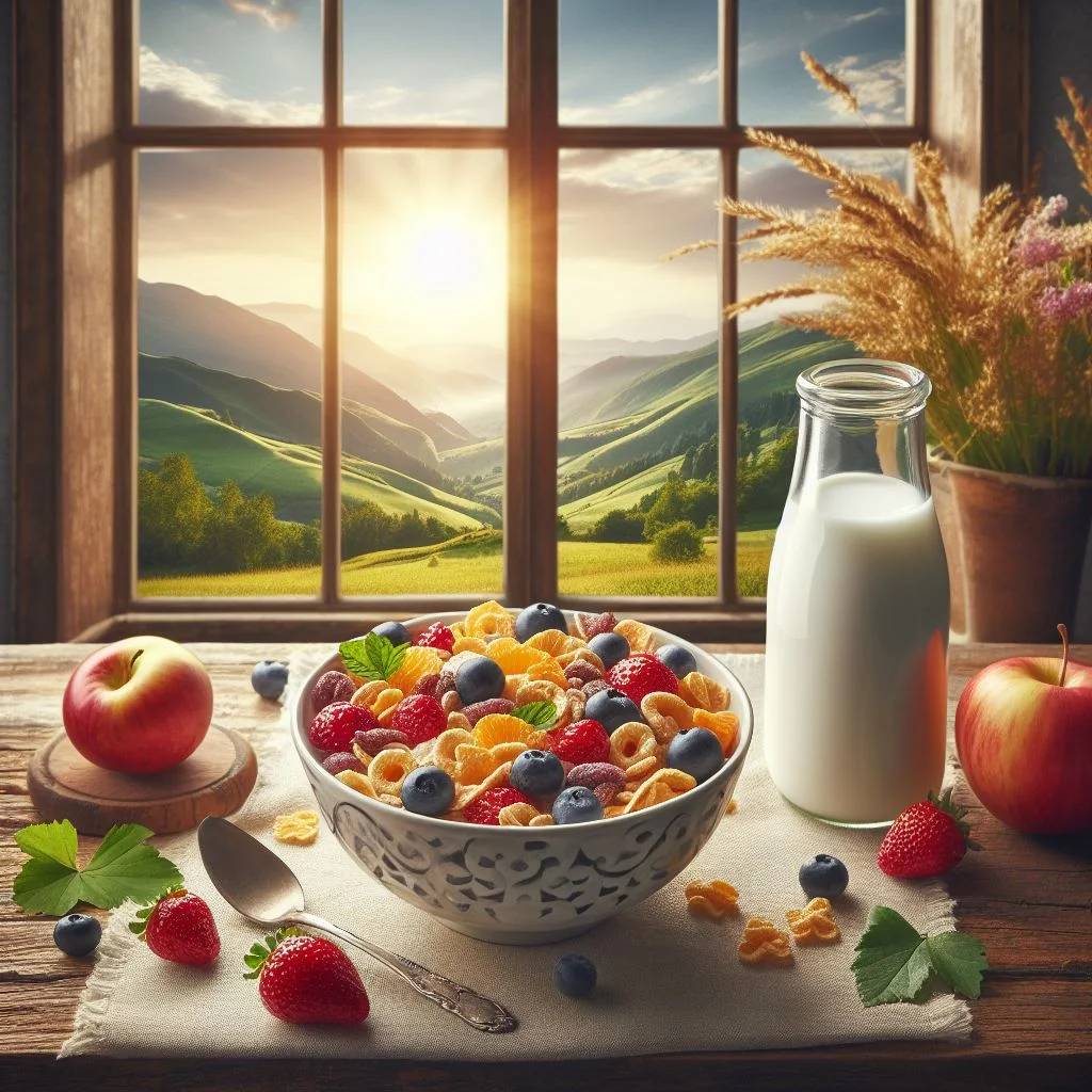 plato de cereal con frutas frente a una ventana con vista al campo