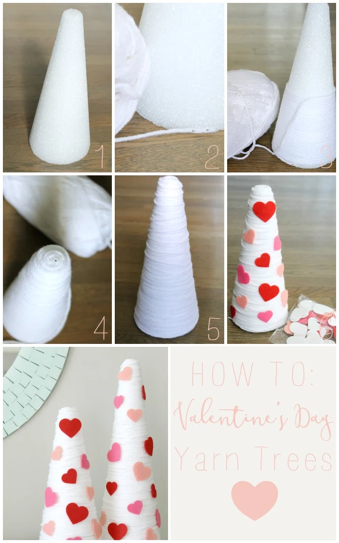 How to make easy DIY Valentine's Day decor made from yarn and styrofoam cones.