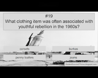 What clothing item was often associated with youthful rebellion in the 1960s? Answer choices include: corsets, burkas, penny loafers, jeans