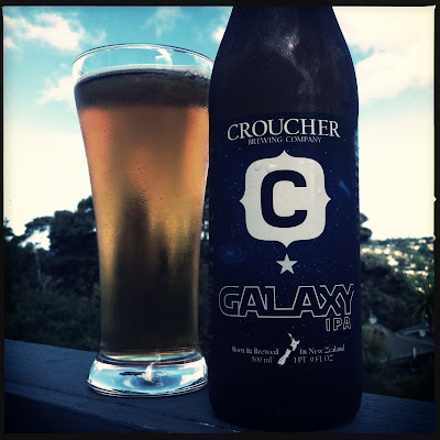 Bottle of Croucher's Beer, Galaxy IPA. Taken on my deck.