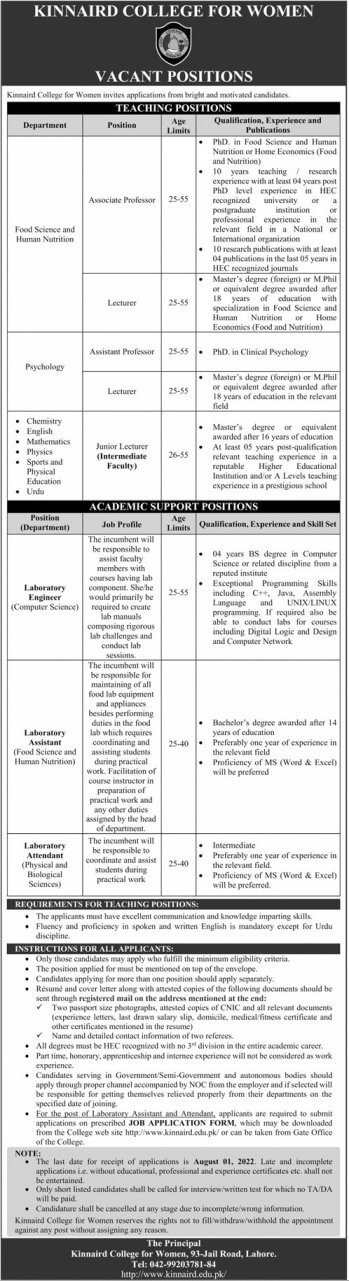  Kinnaird College for Women Lahore jobs july 2022