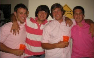 Mid-2000s frat boys wearing pink polo shirts popped collars douchbags morons idiots