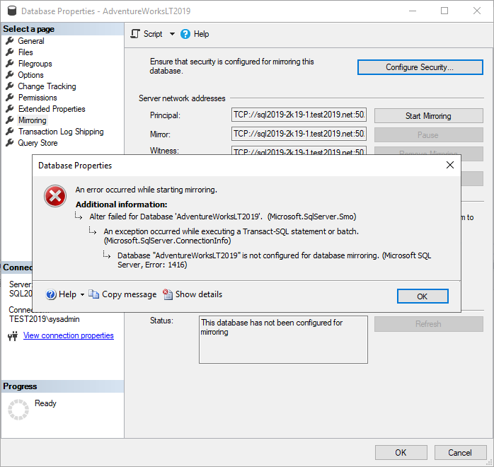 Database is not configured for database mirroring. (Microsoft SQL Server, Error: 1416)