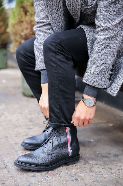 Thom Browne Boots and Sandro Coat, Leo Chan Menswear Outfit