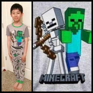 Boy in Minecraft pajamas and Minecraft symbols