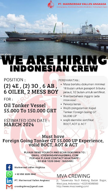 Loker Pelaut Indonesia 4E, 3O, AB, Oiler, Mess Boy Tanker 2024