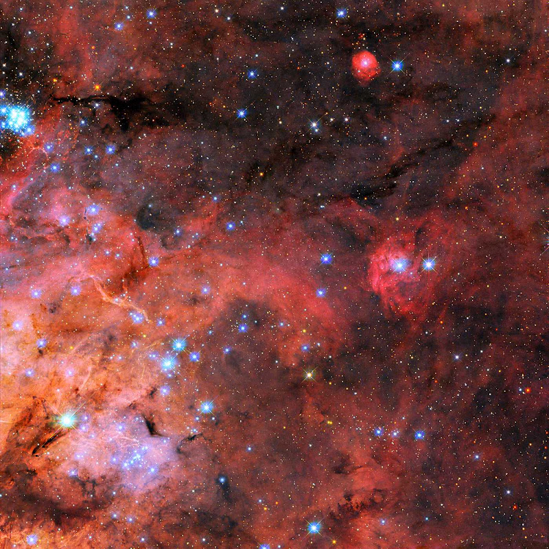 Nuvens finas e nebulosas se estendem do canto inferior esquerdo da imagem. No topo e à direita, o fundo escuro do espaço pode ser visto através da nebulosa esparsa. À esquerda e no canto há muitas camadas de gás de cores vivas e poeira escura e obscura. Um aglomerado de pequenas estrelas azuis brilhantes no mesmo canto se expande pela imagem. Muitas estrelas muito menores cobrem o fundo