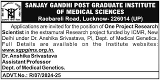 SGPGIMS Recruitment 2024 for Project Research Scientist