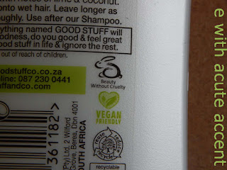 Back of white the Good stuff bottle marked with the leaping bunny and vegan friendly