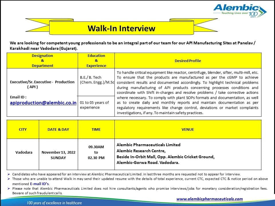 Job Availables, Alembic Pharmaceuticals Ltd Walk-In Interview for BE/ B Tech Chemical Engineer/ MSc