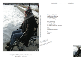 Pages from Into the Light by Corina Duyn with image of wheelchair user in the snow. and poem