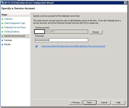 ADFS - management - wizard - service account - markup