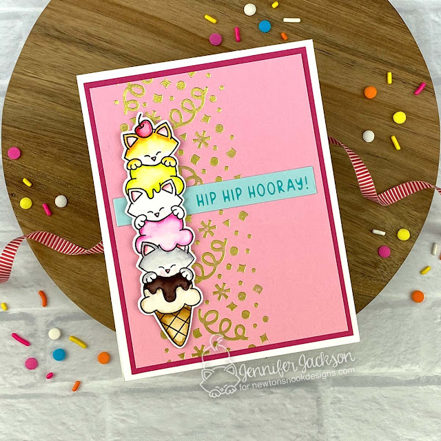 Ice Cream Cat Card with Hot Foil by Jennifer Jackson | Newton's Birthday Delights Stamp Set, Confetti Hot Foil Plate, Birthday Greetings Hot Foil Plates and Banner Duo Die Set by Newton's Nook Designs