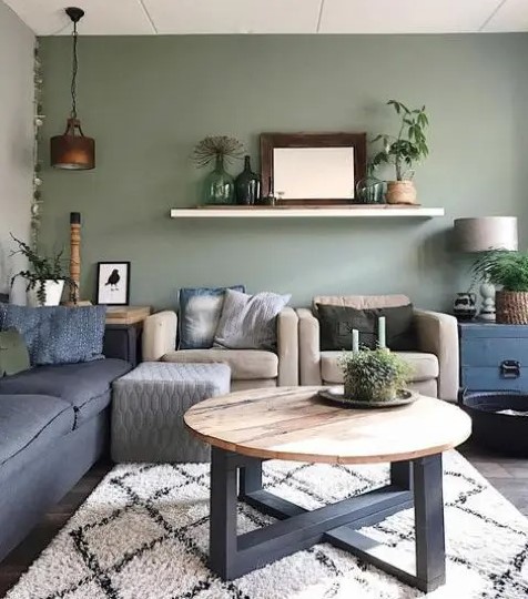sage green and blue living room