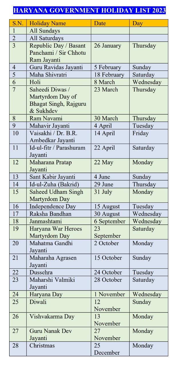 Haryana Government Calendar 2023