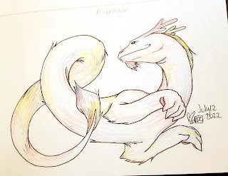 A pen drawing in a sketchbook. The drawing is of a furry dragon with no wings, two front legs, and linear antlers. It's body swirls around itself, and it is shaded lightly with multiple colors.