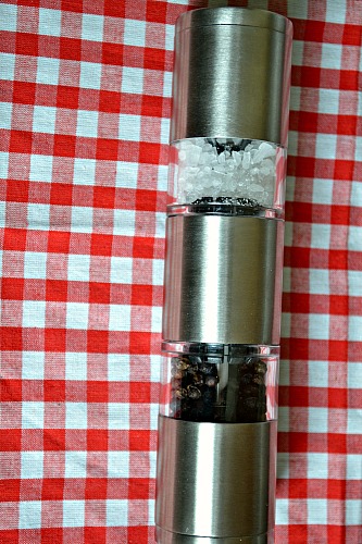 Ozeri Duo Salt & Pepper Grinder review filled with peppercorns and sea salt.