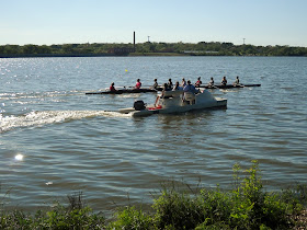 Rowers from the White Rock Boathouse, with their coaches alongside, at White Rock Lake in Dallas, TX