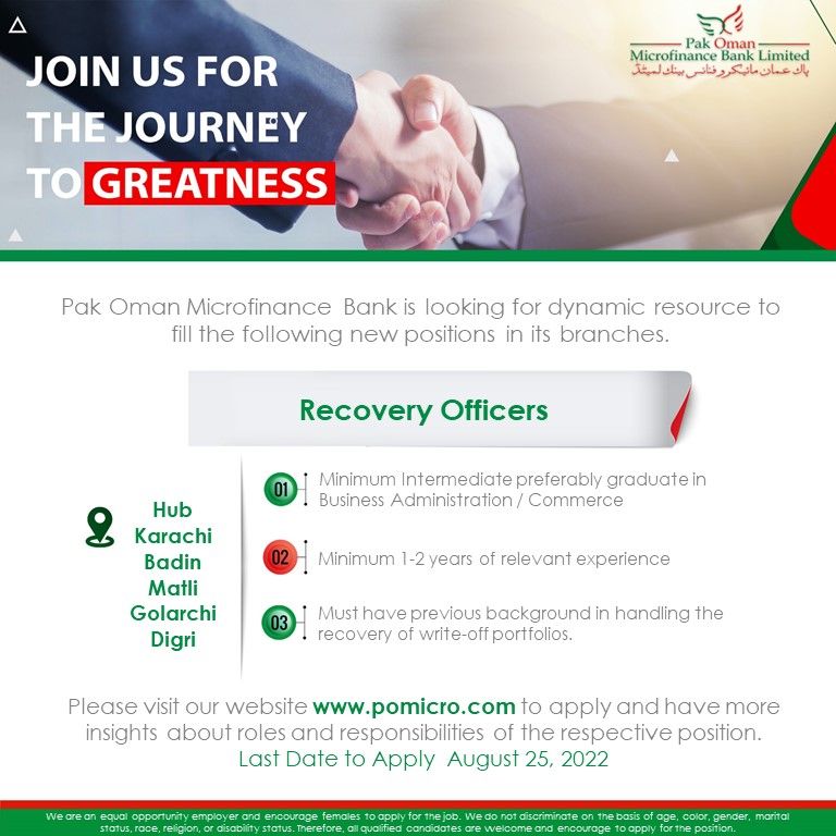 Pak Oman Microfinance Bank Ltd Jobs Recovery Officer