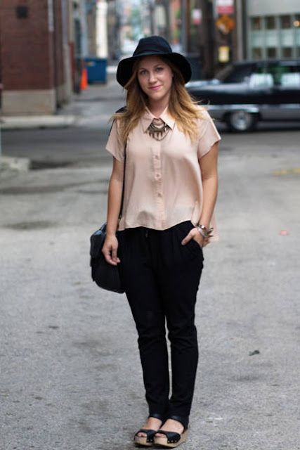 Black Hat, Beige Shirt, Black pants, black sandals, black bag, model, street-style