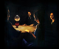 painting of seacne, dark with four people in a circle by light of small lamp