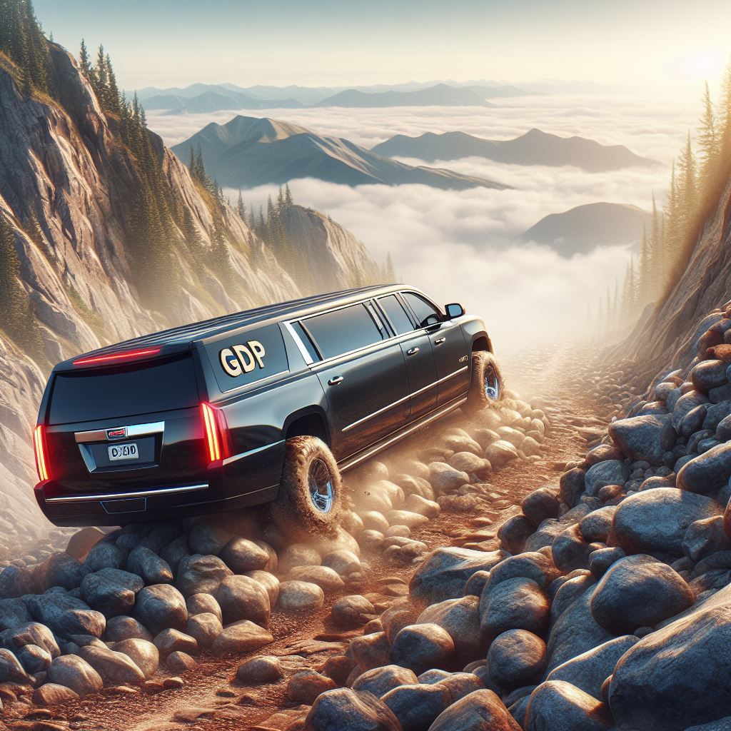 A limousine with the letters 'GDP' driving upward to the top of a hill on a very rocky road, with the limousine driving on the rocks Image generated by Microsoft Copilot Designer.