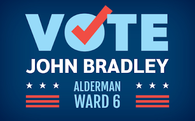 The front of a postcard that says, "Vote John Bradley Alderman Ward 6."