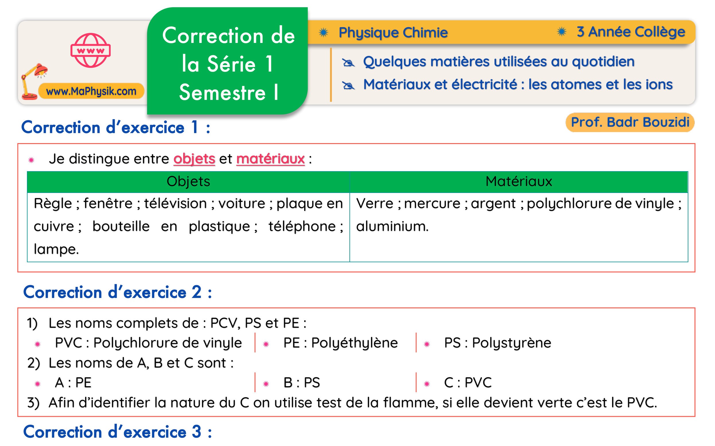 Correction de la Série des exercices N°1 - Physique chimie - 3 Année Collège