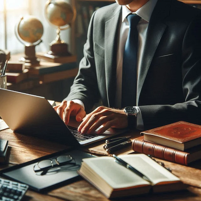 A professional in formal attire, typing on a laptop, with books and documents on a desk.