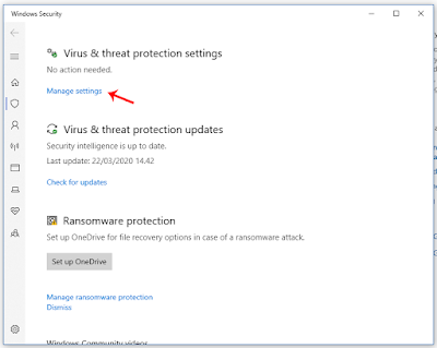 Menu Virus and Protection Settings untuk Mengatur Windows Defender