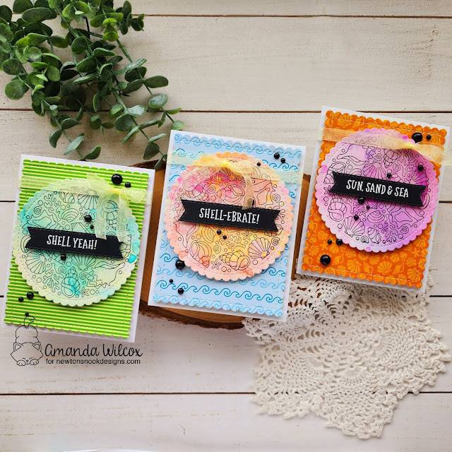 Trio of Inky Seashell Cards by Amanda Wilcox | Seashell Roundabout Stamp Set, Circle Frames Die Set, Banner Trio Die Set, Frames & Flags Die Set and Summertime Paper Pad by Newton's Nook Designs #newtonsnook #handmade