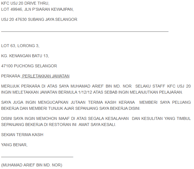 Resignation Letter In Bahasa Malaysia - Cover Letter Templates