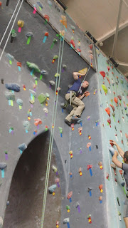 climbing the "Brooklyn Bridge" route at Brooklyn Boulders indoor climbing gym