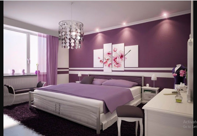 Interior Design Ideas for Bedroom with black and white color with purple carpet