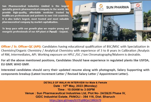 Sun Pharma Walk In Interview For  For Quality Control Department - Male/ Female Candidates