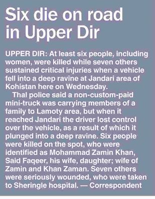 SIX DIE ON ROAD IN UPPER DIR 