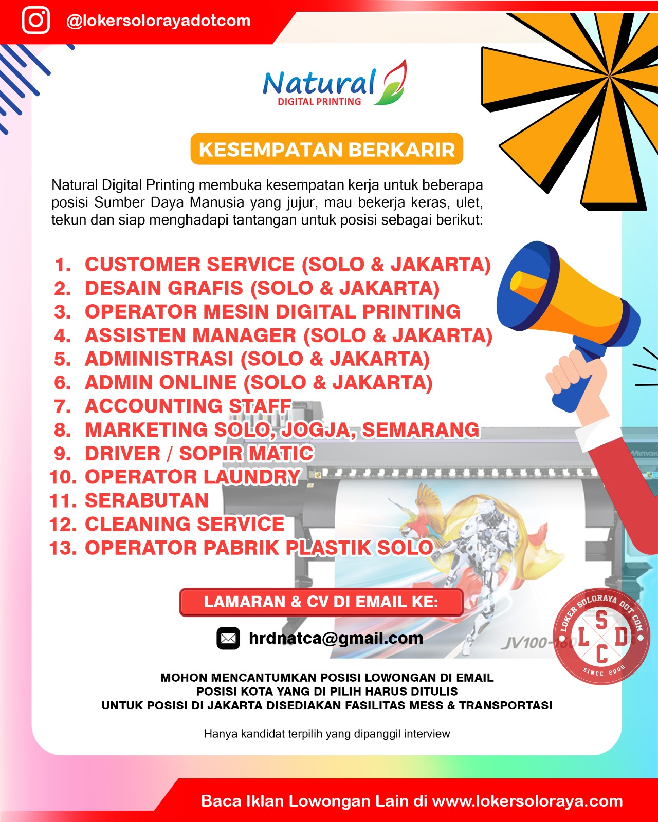 Loker Solo, Jogja, Semarang, Jakarta di Natural Digital Printing