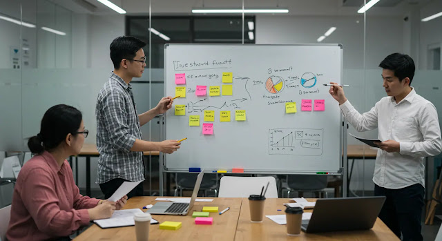 Fondo de inversión y emprendedores preparando una presentación: Un equipo de emprendedores desarrolla una presentación para inversores en un espacio de trabajo creativo. Utilizan una pizarra y notas adhesivas con ideas clave mientras preparan su presentación.