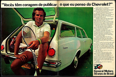 propaganda Chevrolet com o tenista Thomas Koch - 1975.  brazilian advertising cars in the 70. os anos 70. história da década de 70; Brazil in the 70s; propaganda carros anos 70; Oswaldo Hernandez;