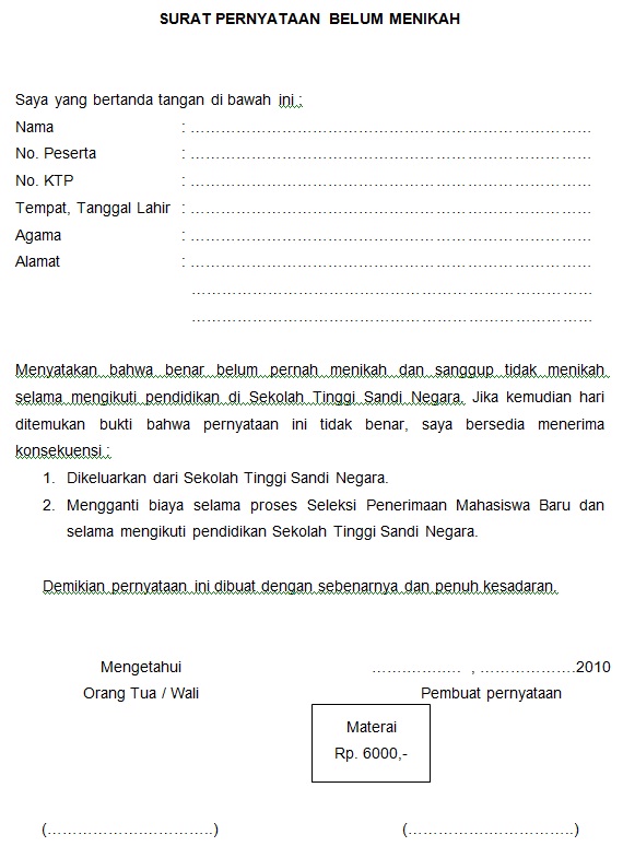 Contoh Surat Pernyataan Belum Menikah Dan Bersedia Tidak Menikah Selama Kontrak Contoh Surat