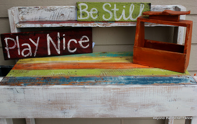 Reclaimed wood colorful pallet wood http://bec4-beyondthepicketfence.blogspot.com/